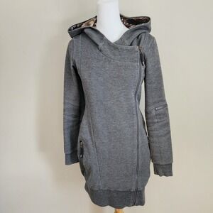 Triple Five Soul Asymmetric Zip Hoodie Womens XS Grey Longline Floral Hood Coat